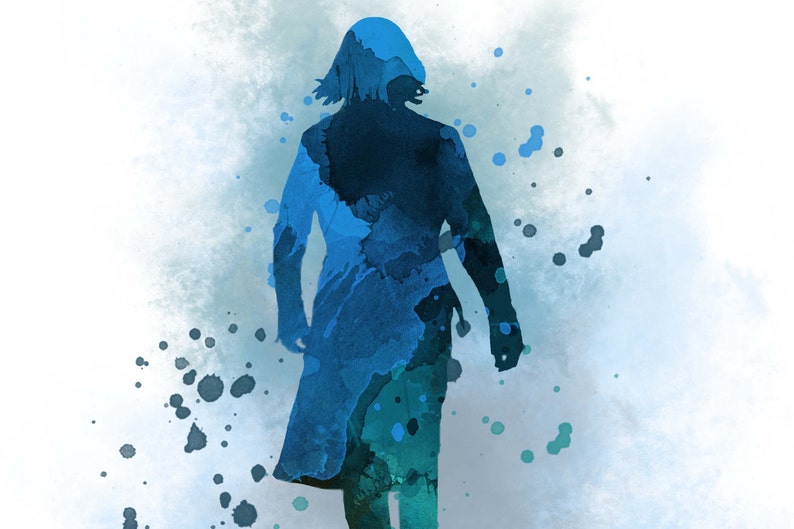 May include: A watercolor painting of a person walking away from the viewer. The person is silhouetted in shades of blue and green, with a white background.