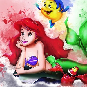 May include: A watercolor illustration of Ariel, the Little Mermaid, with her red hair and green tail. She is lying on a rock with a purple seashell bra. Flounder, the yellow fish, is swimming above her, and Sebastian, the red crab, is to the right of her.