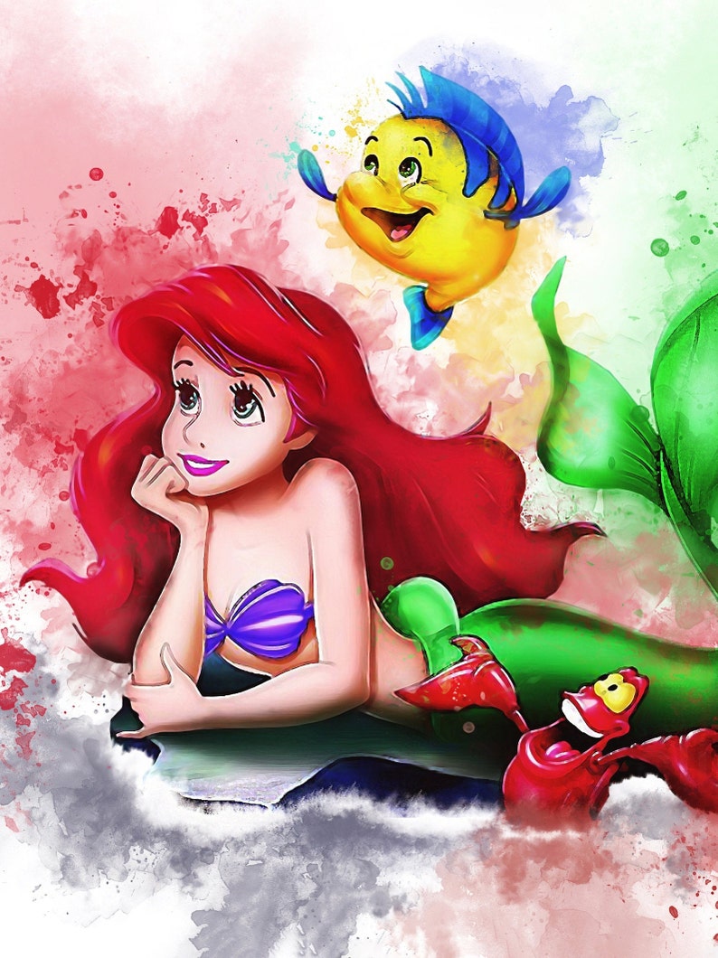 May include: A watercolor illustration of Ariel, the Little Mermaid, with her red hair and green tail. She is lying on a rock with a purple seashell bra. Flounder, the yellow fish, is swimming above her, and Sebastian, the red crab, is to the right of her.
