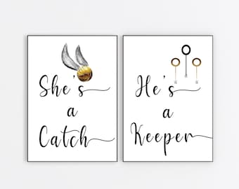 She's a Catch, He's a Keeper Print: Couples Bedroom Wall Art