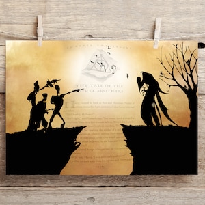 May include: A black and white illustration of the "Tale of the Three Brothers" from the Harry Potter series. The image depicts three brothers crossing a river, a brother meeting Death, and a brother embracing a woman.