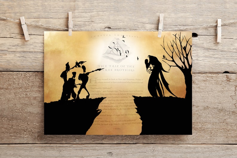 May include: A black and white illustration of the "Tale of the Three Brothers" from the Harry Potter series. The image depicts three brothers crossing a river, a brother meeting Death, and a brother embracing a woman.