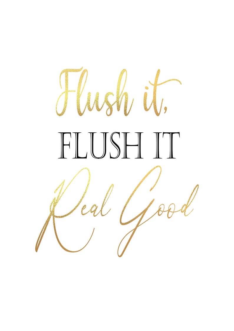 Puede incluir: Letras doradas en relieve sobre un fondo blanco que dicen "Flush it. FLUSH IT Real Good".