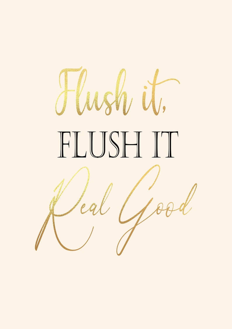 Puede incluir: Caligraf&iacute;a dorada en l&aacute;mina sobre un fondo rosa claro que dice "Flush it. FLUSH IT Real Good".