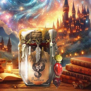 Könnte beinhalten: Ein dekoratives Glas mit dem Etikett "Phoenix Feathers" und einer Phoenix-Illustration. Das Glas ist mit einem Federanhänger und einer Perlenkette verziert. Der Hintergrund zeigt eine Burg und Bücher.
