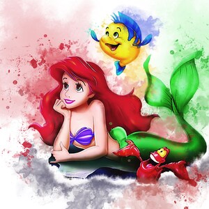 May include: A watercolor illustration of Ariel, the Little Mermaid, with her red hair and green tail. She is lying on a rock with her hand on her chin, looking up. Flounder, the yellow fish, is swimming above her, and Sebastian, the red crab, is standing below her.