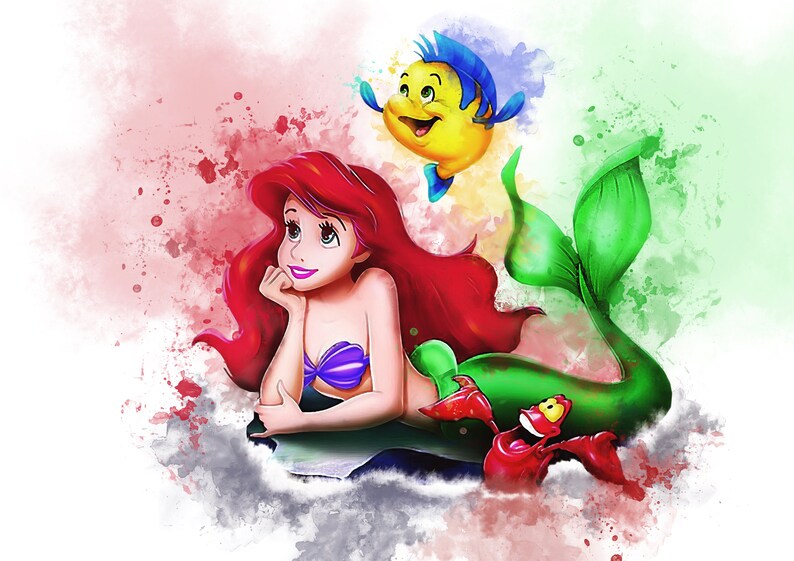 May include: A watercolor illustration of Ariel, the Little Mermaid, with her red hair and green tail. She is lying on a rock with her hand on her chin, looking up. Flounder, the yellow fish, is swimming above her, and Sebastian, the red crab, is standing below her.