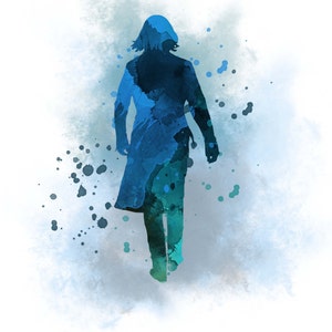 May include: A watercolor painting of a person walking away from the viewer. The person is wearing a long coat and has long hair. The background is a light blue color with splashes of blue and green paint.