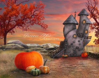 May include: A whimsical stone house with a wooden staircase and a pumpkin in front. The house has a gray stone exterior with a brown roof and windows. The house is set against a backdrop of a sunset sky with fall foliage.