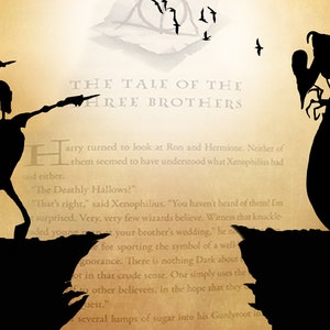 May include: A close-up of a page from a book with the title "The Tale of the Three Brothers". The page is yellowed and has a faded image of the Deathly Hallows symbol at the top. The text is in black and white and describes the Deathly Hallows.
