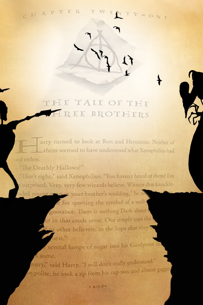 May include: A close-up of a page from a book with the title "The Tale of the Three Brothers". The page is yellowed and has a faded image of the Deathly Hallows symbol at the top. The text is in black and white and describes the Deathly Hallows.
