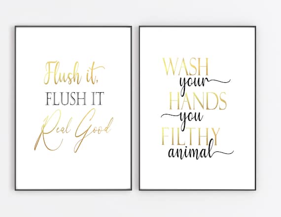 Funny Bathroom Wall Art Prints: Gold Foil Wash Your Hands Decor