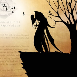 May include: A silhouette of a figure with long, flowing robes and outstretched arms, standing on a cliff edge. The figure is holding a smaller figure in its arms. The background is a faded, parchment-like texture with text that reads "Tale of the Brothers".