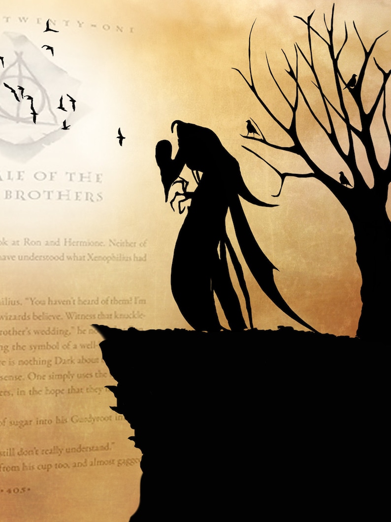 May include: A silhouette of a figure with long, flowing robes and outstretched arms, standing on a cliff edge. The figure is holding a smaller figure in its arms. The background is a faded, parchment-like texture with text that reads "Tale of the Brothers".