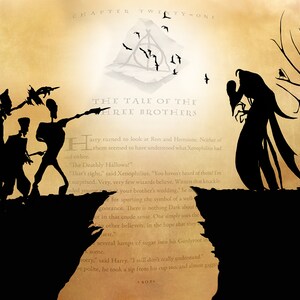 May include: A black and white illustration of the tale of the three brothers from the Harry Potter series. The image depicts three brothers walking on a cliff, with a Deathly Hallows symbol above them. The text "The Tale of the Three Brothers" is written in the center of the image.