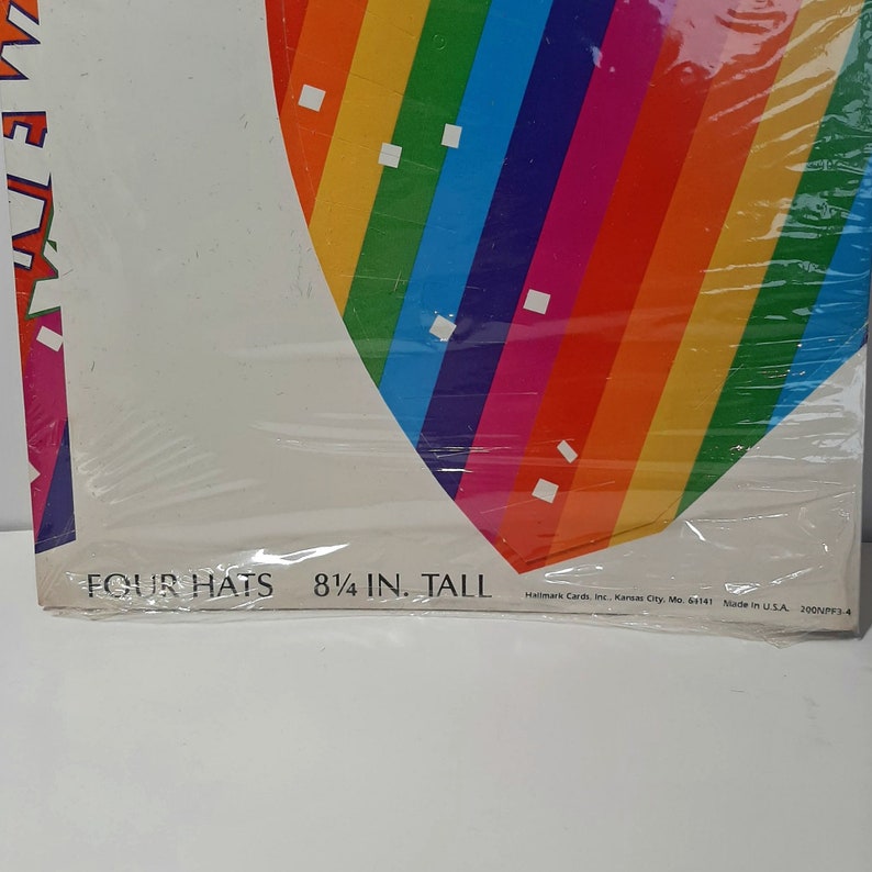 Vintage Hallmark New Years Eve Party Hats Set of 4 Striped Perforated Paper Favors NYE Retro Multcolored Colorful Confetti Pride Celebrate