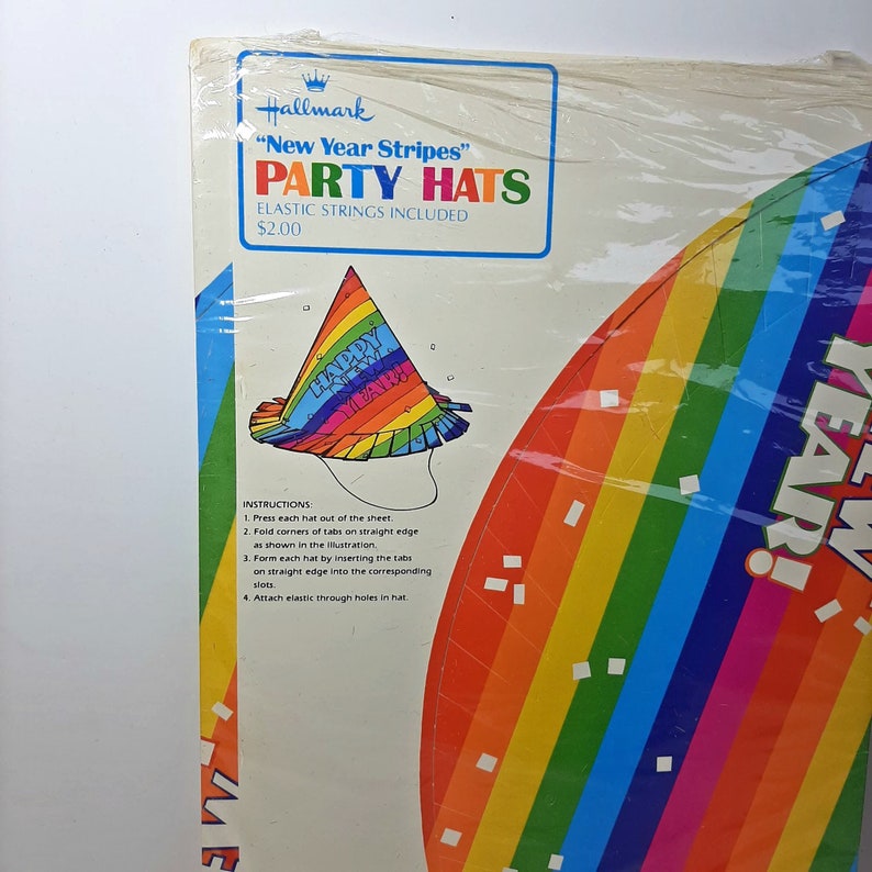 Vintage Hallmark New Years Eve Party Hats Set of 4 Striped Perforated Paper Favors NYE Retro Multcolored Colorful Confetti Pride Celebrate