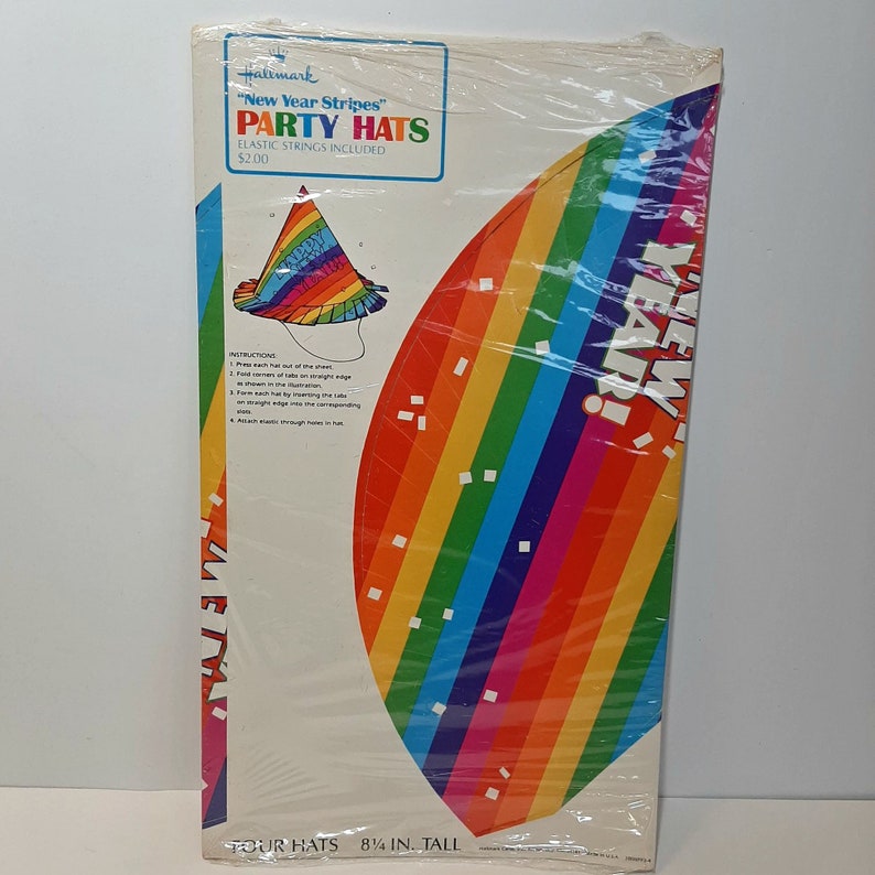 Vintage Hallmark New Years Eve Party Hats Set of 4 Striped Perforated Paper Favors NYE Retro Multcolored Colorful Confetti Pride Celebrate
