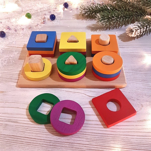 Montessori toy toddler puzzle board Wooden baby toy Wooden Shape sort Stack toy Stacking blocks Gift toy boy girl Age 1 2 3 geometric color