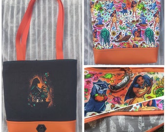 Sac cabas Pocahontas, fond en cuir végétalien, panneau tissé en coton personnalisé