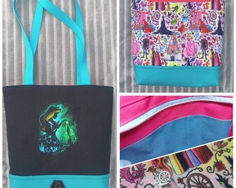 Sac fourre-tout Aurora La Belle au bois dormant, fond en cuir végétalien, empiècement imprimé personnalisé