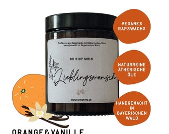Duftkerze "Lieblingsmensch" aus Rapswachs und naturreinen ätherischen Ölen - Orange-Vanille