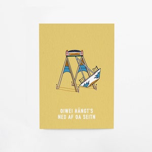 Postkarte aus dicker Bierdeckelpappe „Schiffschaukel“ zum bairischen, zünftigen Geburtstag in Dialekt