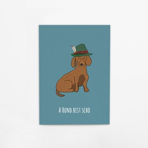 Cartão postal feito de papelão grosso para cerveja “um cachorro é legal” para um aniversário saudável da Baviera em dialeto