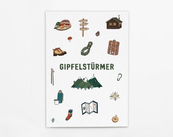 Postkarte aus dicker Bierdeckelpappe „Gipfelstürmer“ bairisch, zünftig für Wanderfans in Dialekt