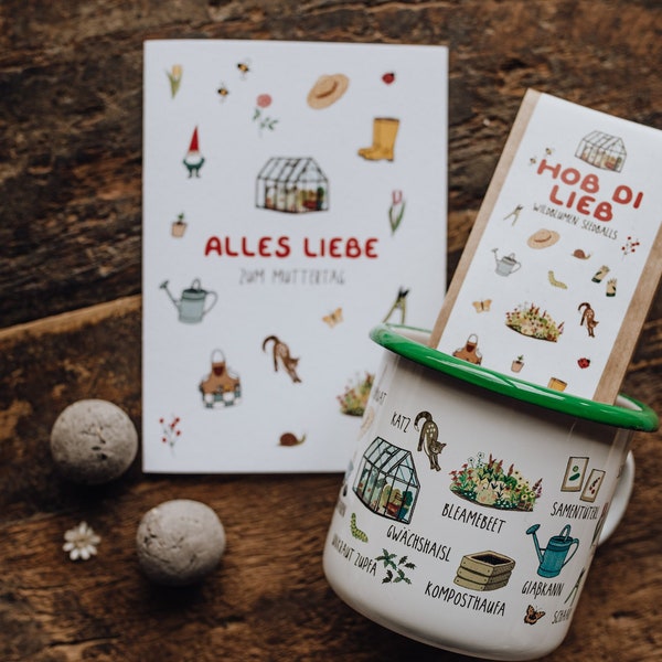 Geschenkset „hob di lieb“ Emailletasse, Klappkarte und Seedballs zum Muttertag