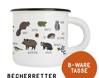 Becherretter - 2. Wahl Dialekttasse aus Emaille “Woidviecha” mit bayerischen Waldtieren