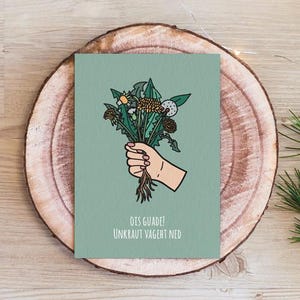 Carte postale en carton épais sous dessous de bière « Weed vageht ned » pour un anniversaire bavarois et copieux en dialecte
