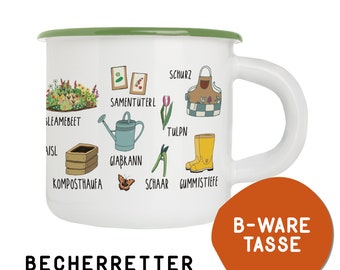 Becherretter - 2. Wahl Dialekttasse aus Emaille “Gartenhaferl” mit bayerischen Gartenmotiven