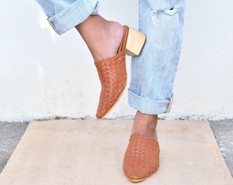 Moana Handwoven Goatskin Leather Mules, Handmade Goatskin Leather Mules, Hand Woven Mules with 5 cm Heels