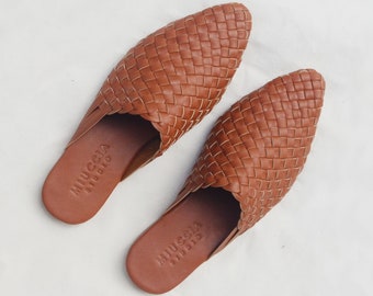 leather weave mules