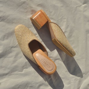 Bornea Nora Mules, Rattan Mules, Straw Mules, Rattan Mules with wooden block Midi heel