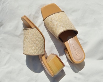 India Wooden Block Heel Open-Toe Sandal, Rattan Wooven Open Toe Sandal