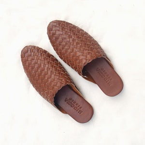 Millie Handwoven Goatskin Leather Mule, Dark Brown Goatskin Leather Loafer, Handwoven Goatskin Leather Mule, Round Tip Mule