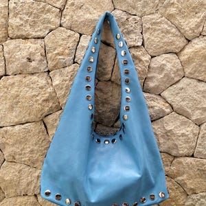 Blue Leather Bag With Studs - Etsy