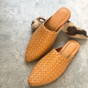 Belle Handwoven Goatskin Leather Mules, Handmade Goatskin Leather Mules, Hand Woven Mules