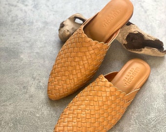 Belle Handwoven Goatskin Leather Mules, Handmade Goatskin Leather Mules, Hand Woven Mules