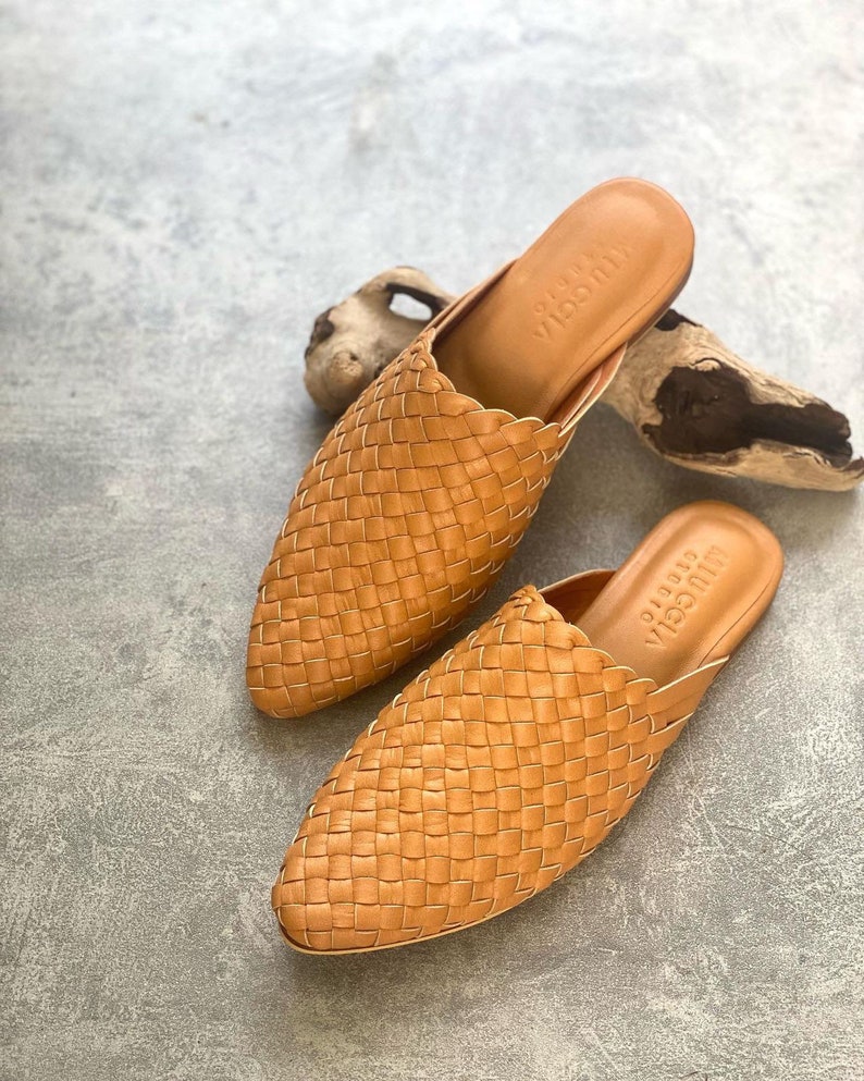 Belle Handwoven Goatskin Leather Mules, Handmade Goatskin Leather Mules, Hand Woven Mules image 1