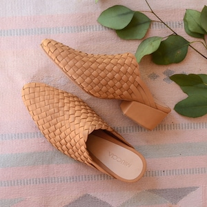 Lucia Handwoven Leather Mules, Handmade Leather Mules, Hand Woven Mules with 5 cm Heels