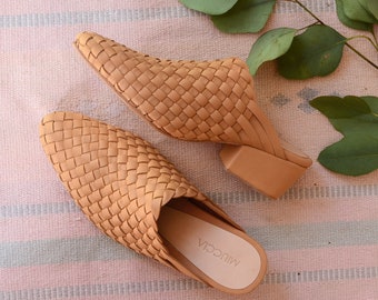 Lucia Handwoven Leather Mules, Handmade Leather Mules, Hand Woven Mules with 5 cm Heels