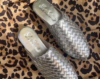 Cindy Leather Mules, Silver  Woven Mules, handmade mules