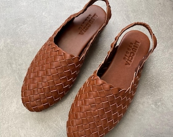 Sweet Brownies Woven Mule with Slingback, Slingback Mule, Handmade mule, artisan mule, goatskin leather woven Mule