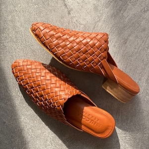 Victoria Handwoven Goatskin Mules, Handmade Goatskin leather Mules, Hand Woven Mules, 3 cm Mules