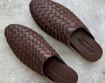 Salma Handwoven Leather Loafer, Deep Brown Leather Loafer, Handwoven Leather Sandal