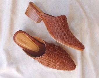 Juliette Handwoven Goatskin Leather Mules, Handmade Goatskin Leather Mules, Hand Woven Mules with 5 cm Heels