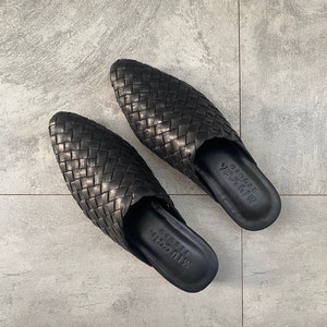 Valencia Handwoven Goatskin Leather Mules, Handmade Goatskin Leather Mules Black, Hand Woven Mules